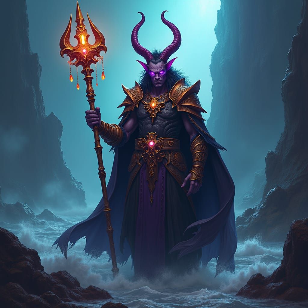 Asmodeus Tiefling Priest with Trident in Dark Fantasy Style