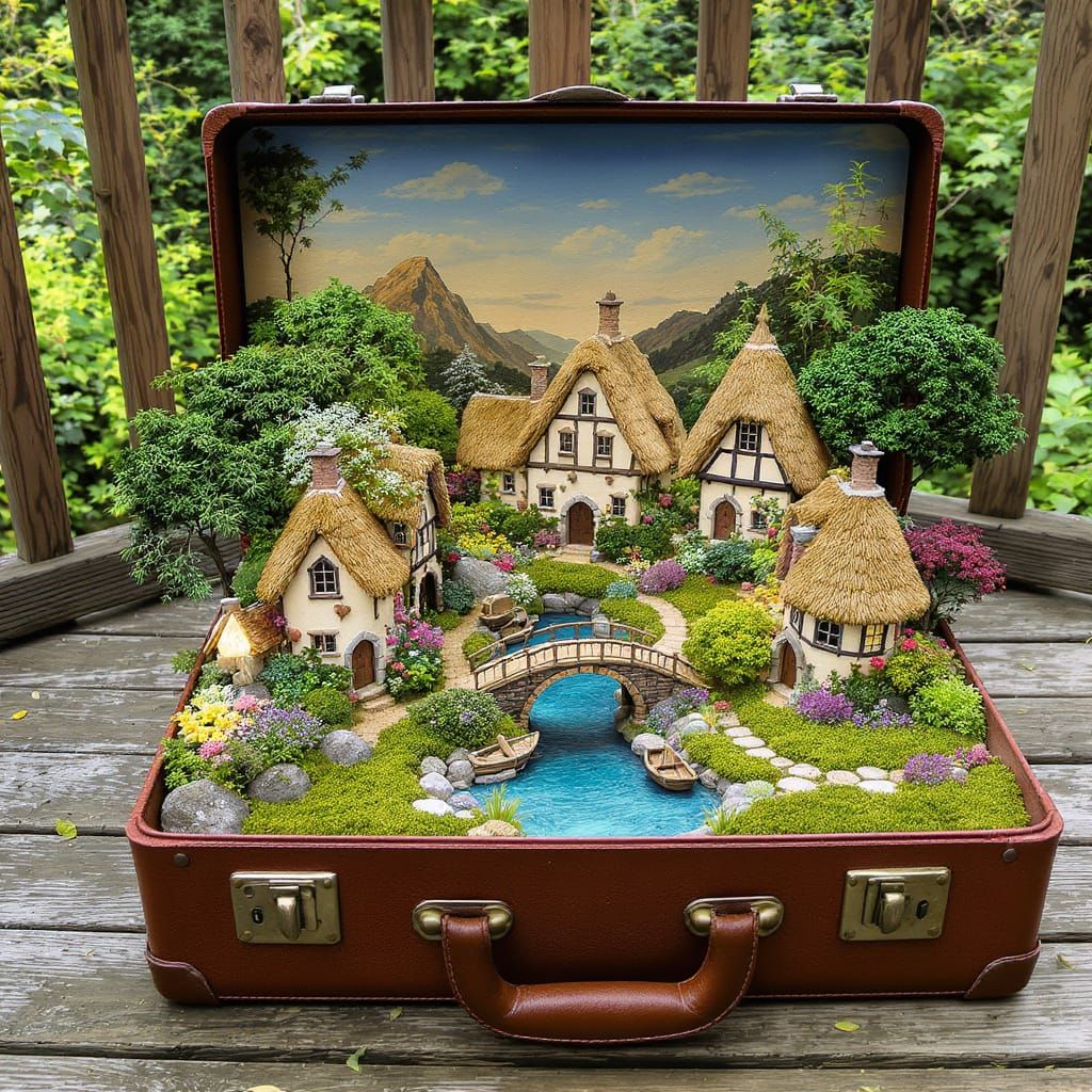 Fairy Garden Village Inside Vintage Suitcase