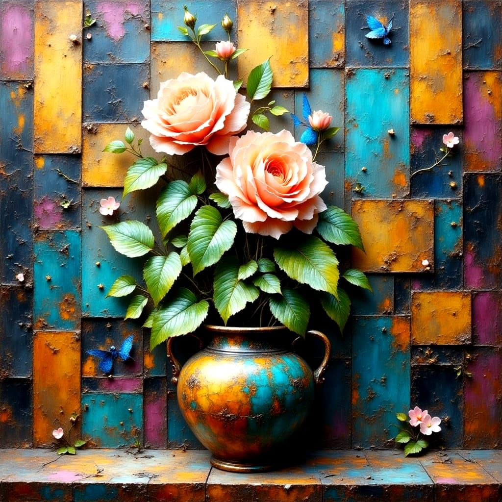 A Vibrant Still Life with a Climbing Rose and a Blue Bird Am...