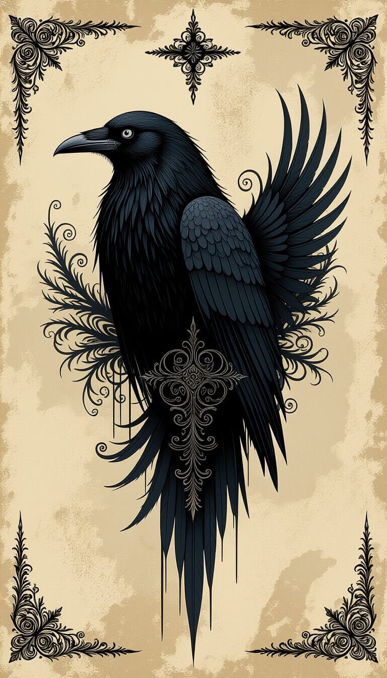 Mystical Black Raven Digital Painting in Gothic Style