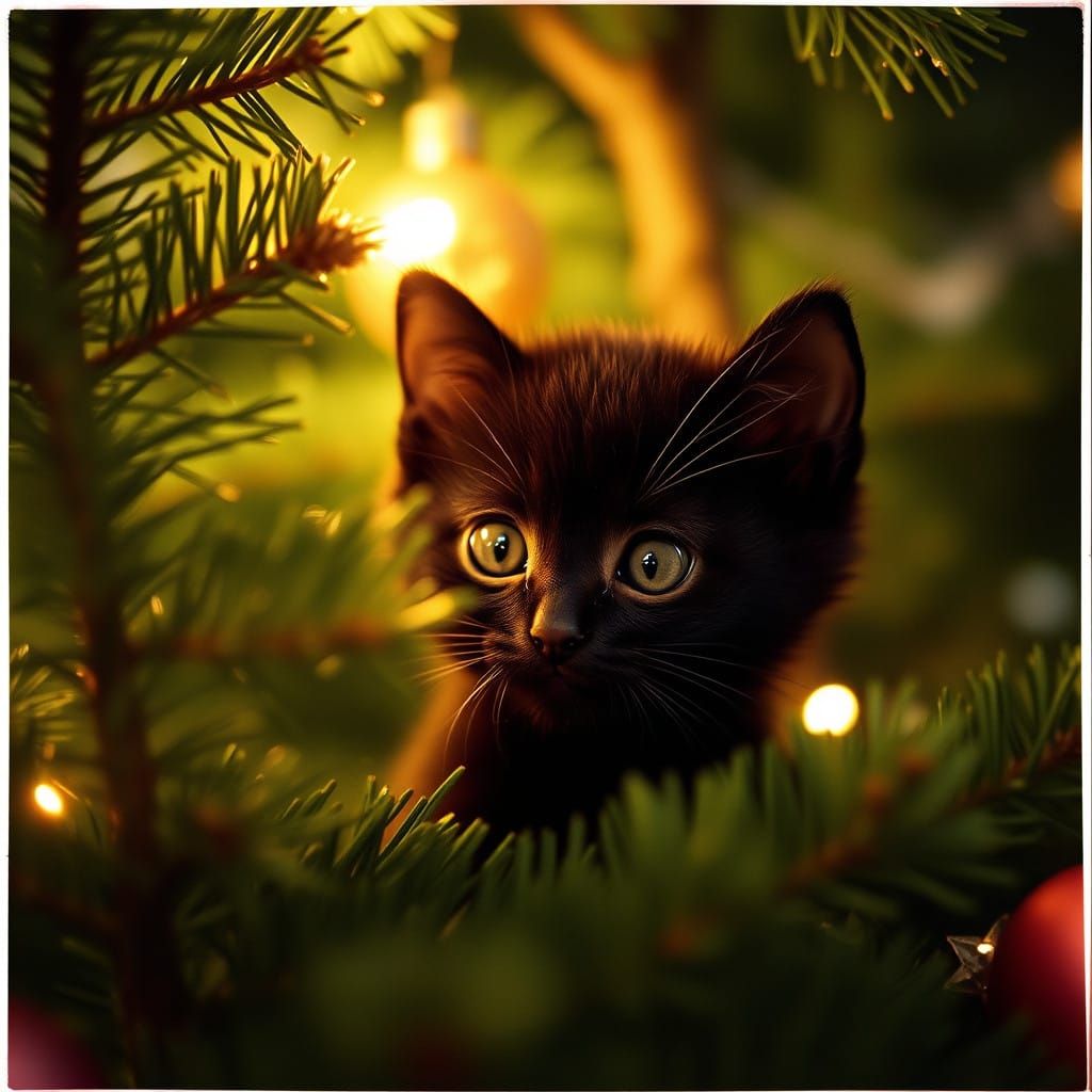Cinematic Black Cat in Christmas Tree Wonderland