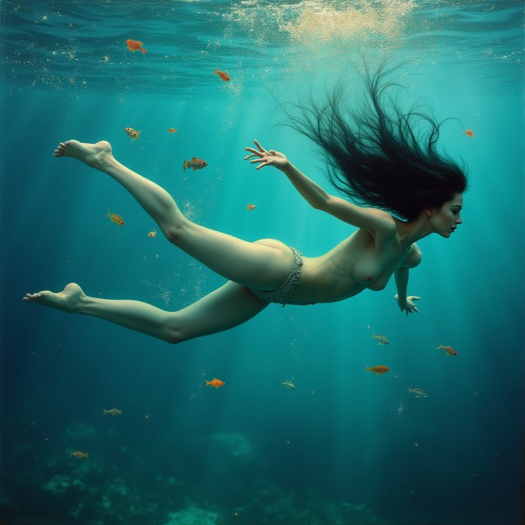 Woman Diving into Ocean in Dramatic Chiaroscuro Style