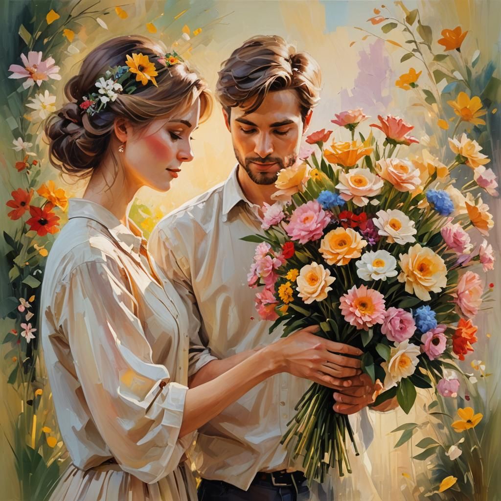 Romantic Bouquet Presentation in Impressionistic Oil Paintin...