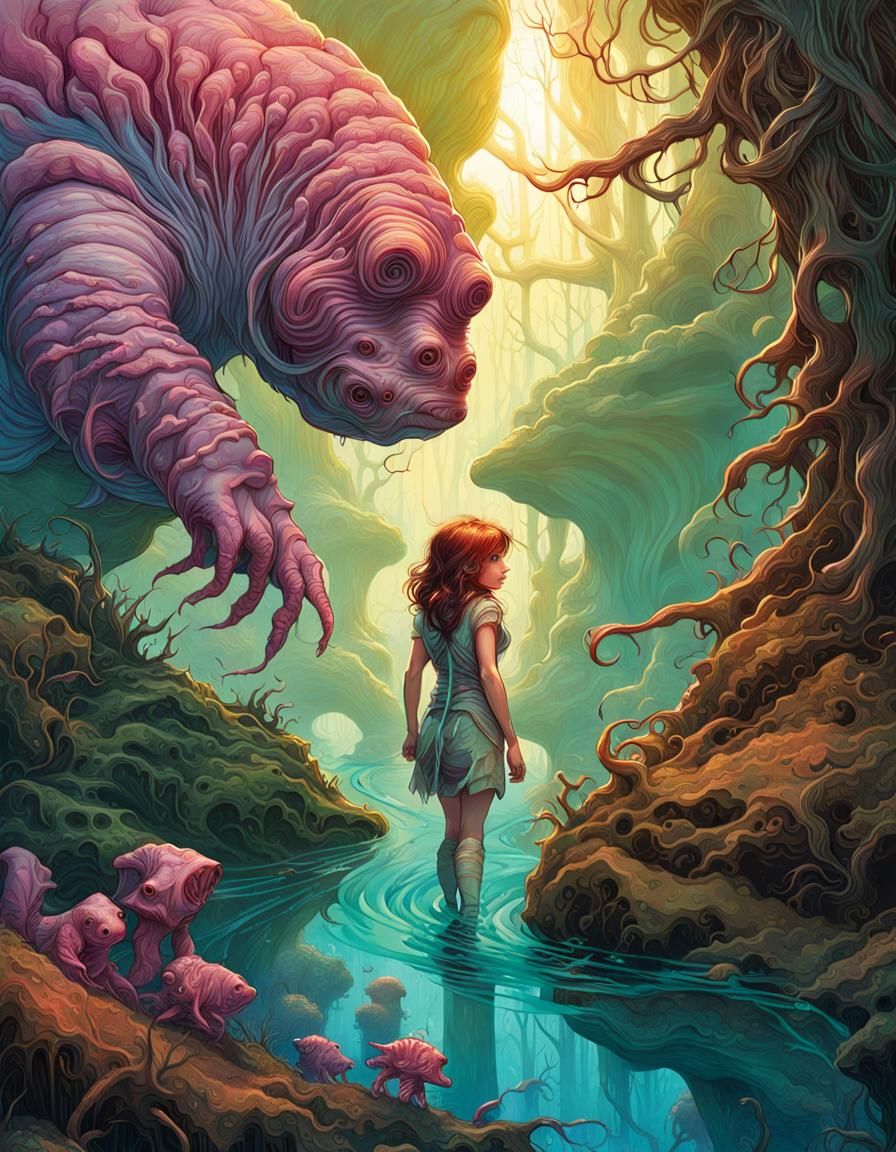 Hero Confronts Tardigrade in Detailed Ink Drawing