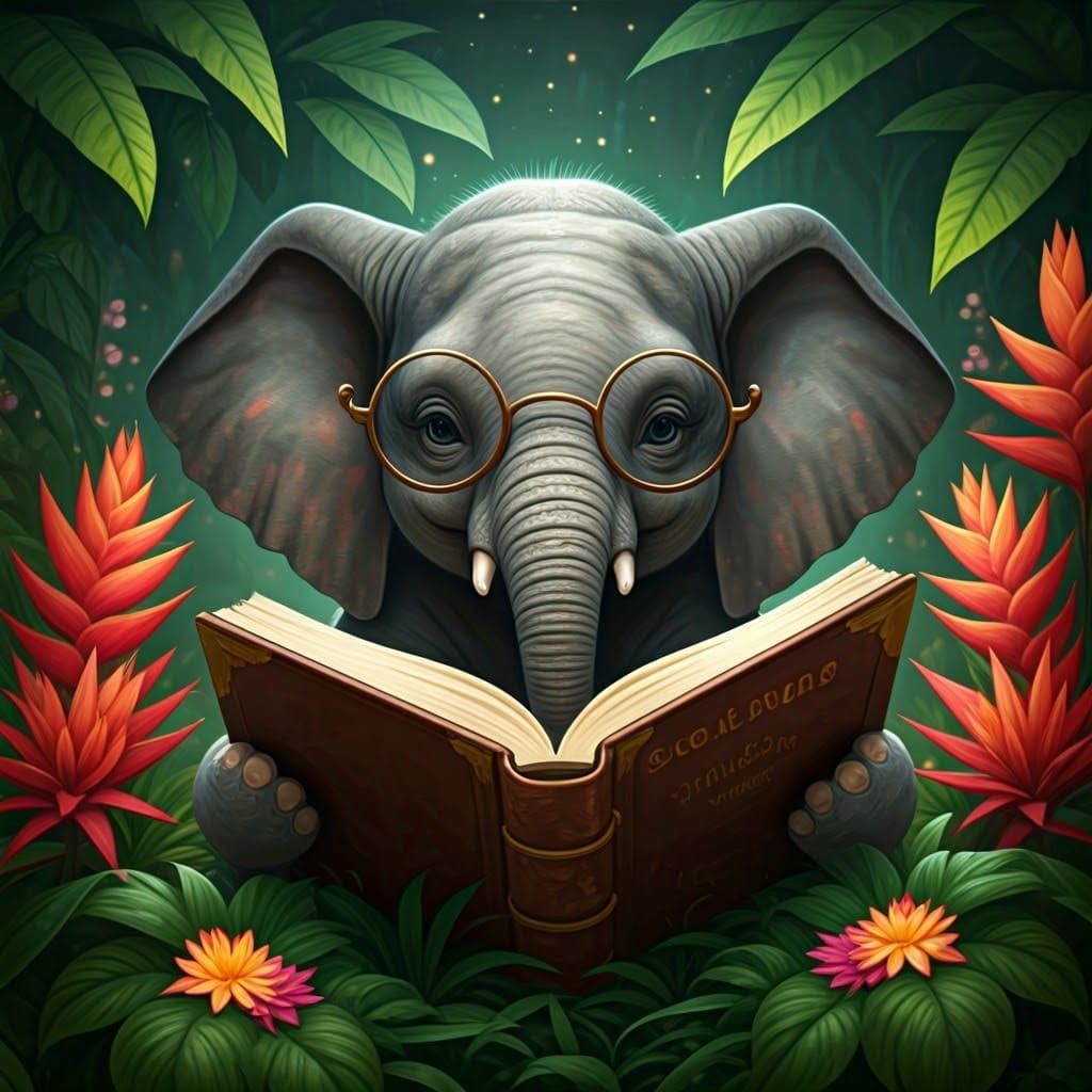 Elephant Calf Reads Book in Enchanting Greenery
