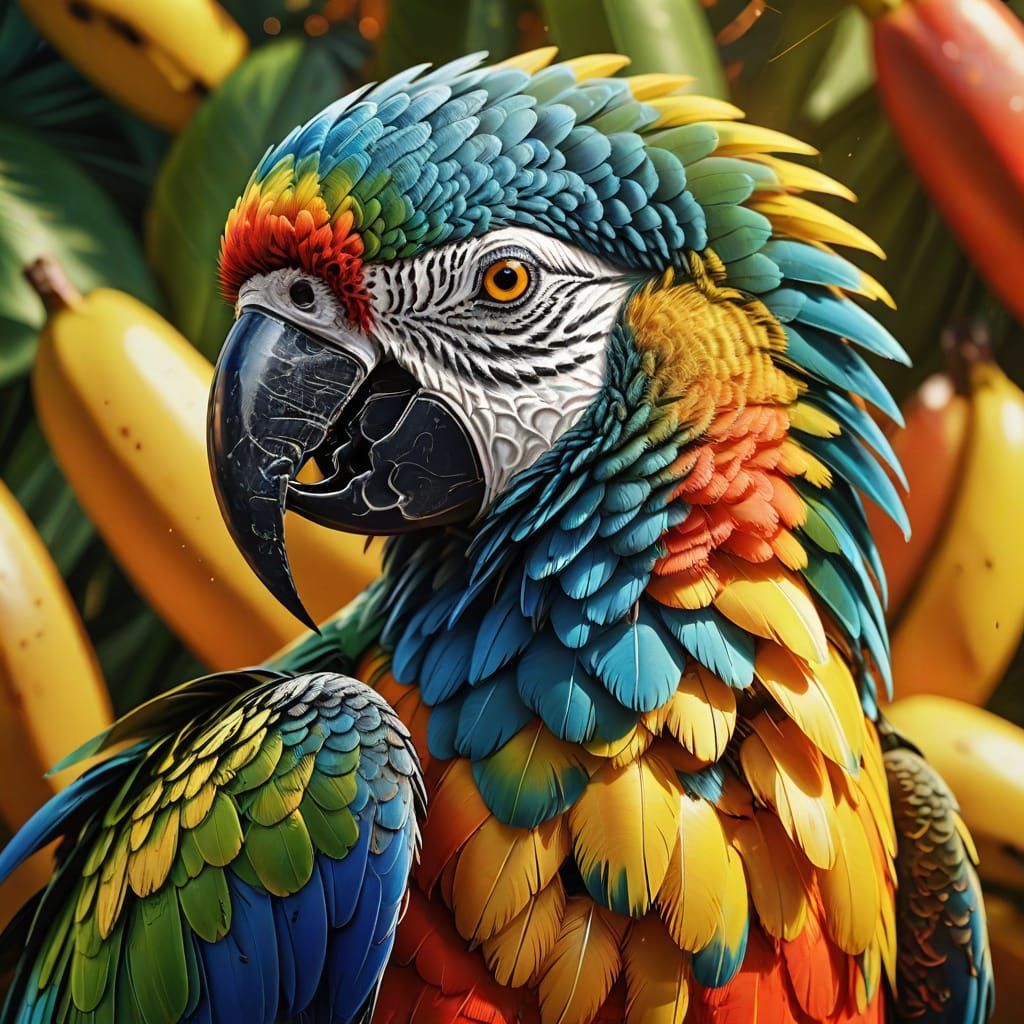 Vibrant Parrot with Iridescent Feathers and Banana-Shaped Be...