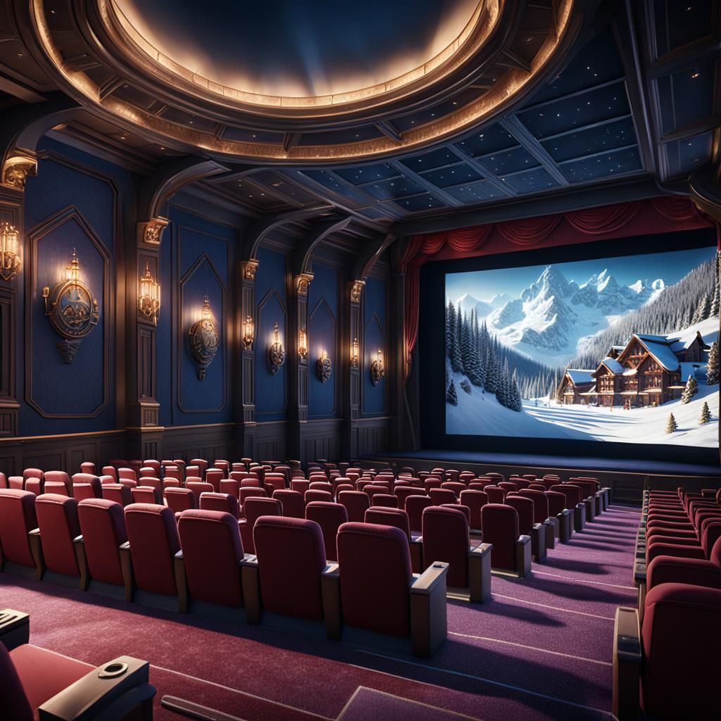 Luxury Ski Resort Movie Theater: Detailed Matte Painting