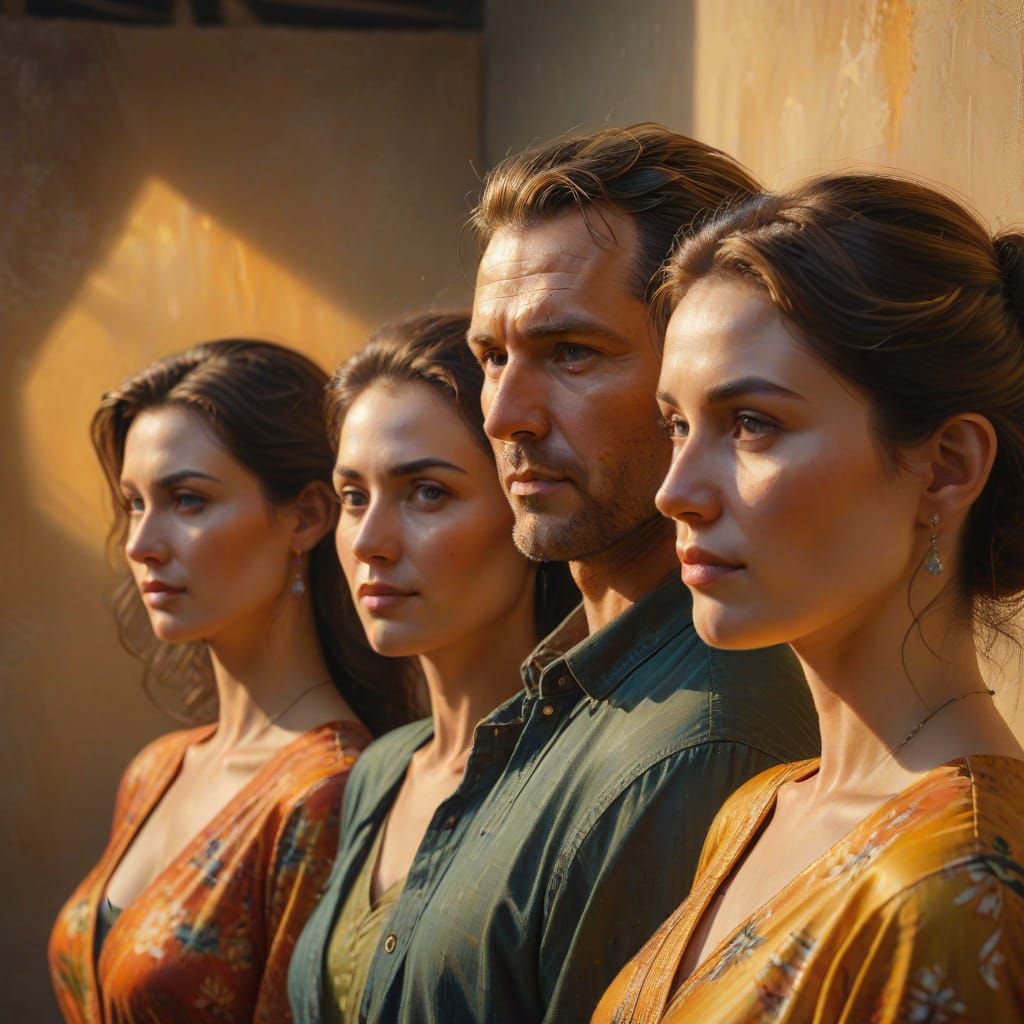 Man with Two Wives: Vibrant Oil Painting Portrait