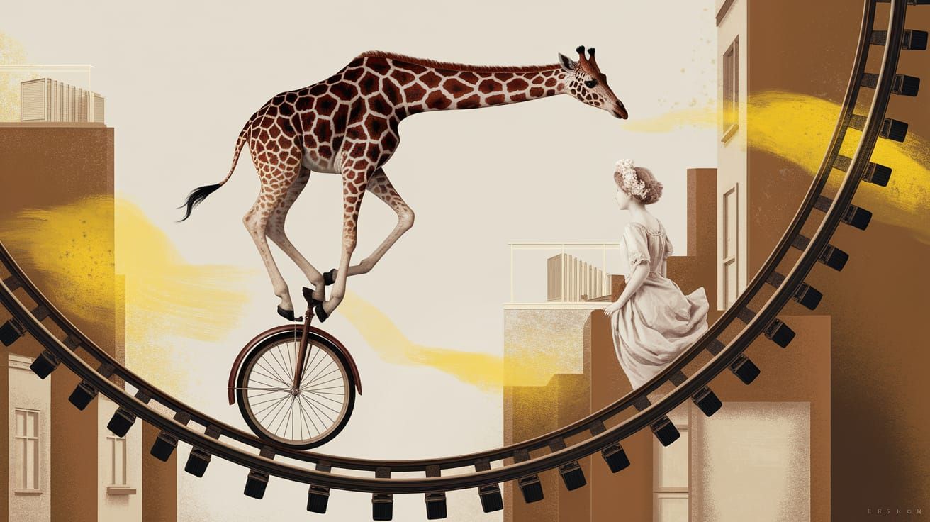 Giraffe on Unicycle with Maiden, Surreal Collage