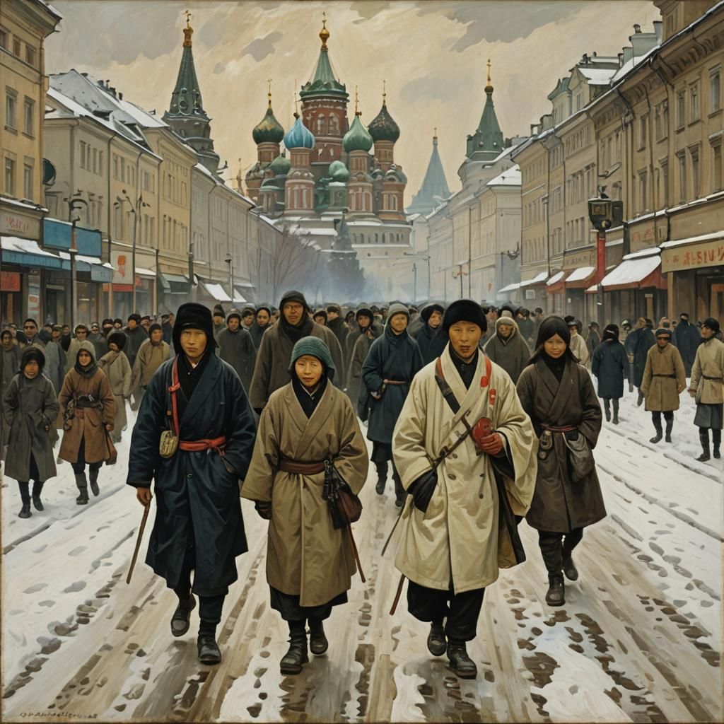 Japanese Friends Walking in Moscow: Historical Painting