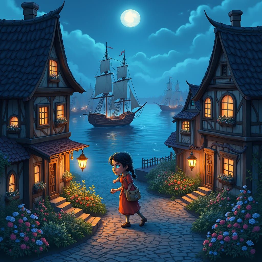 Whimsical Harbor Town at Twilight Storybook Illustration