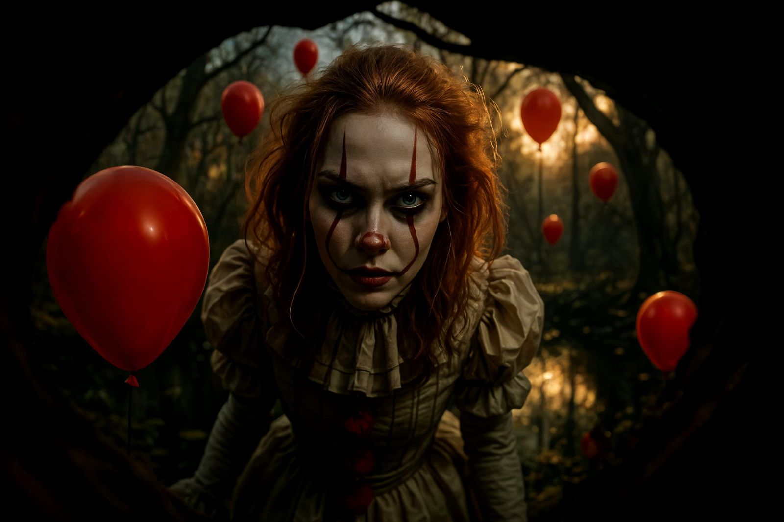 Sinister IT Cosplayer in Atmospheric Forest at Dusk