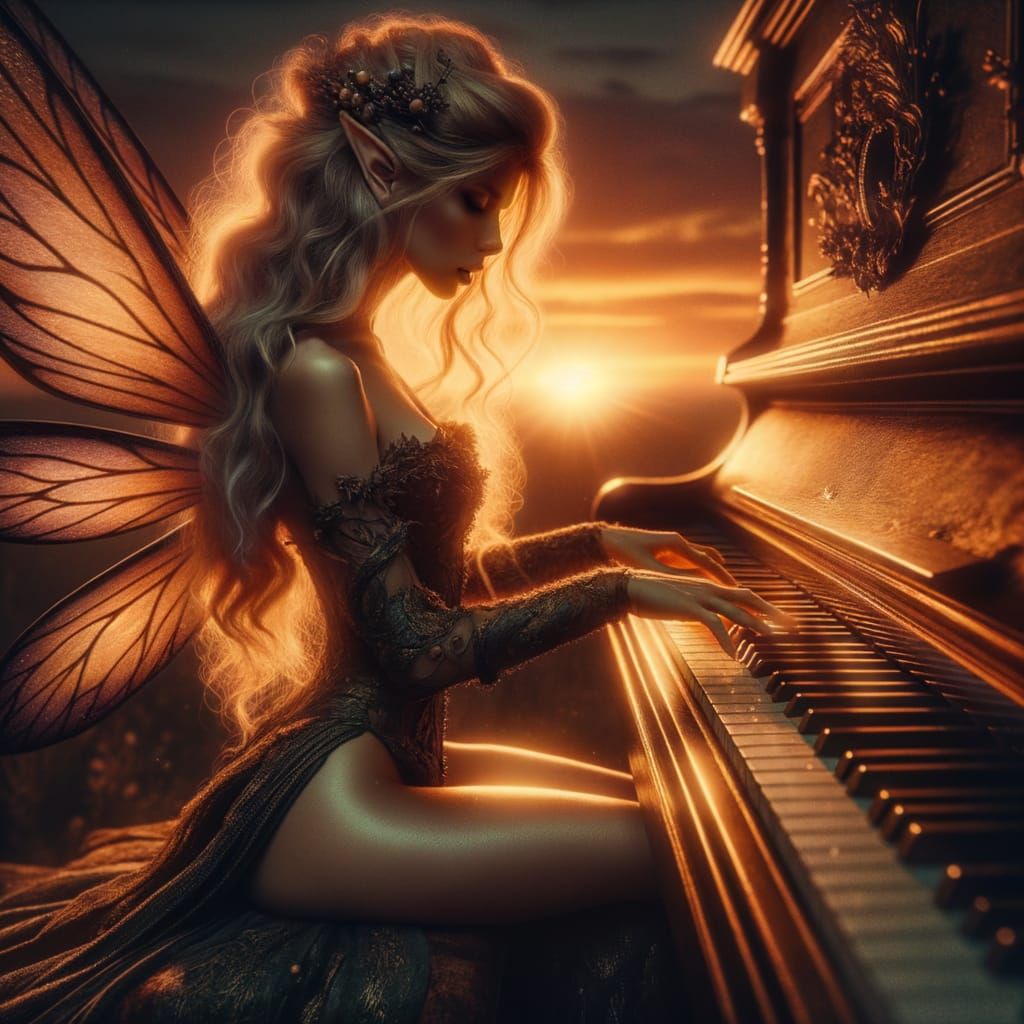 Ethereal Fairy Plays Piano at Sunset in Magical Harmony