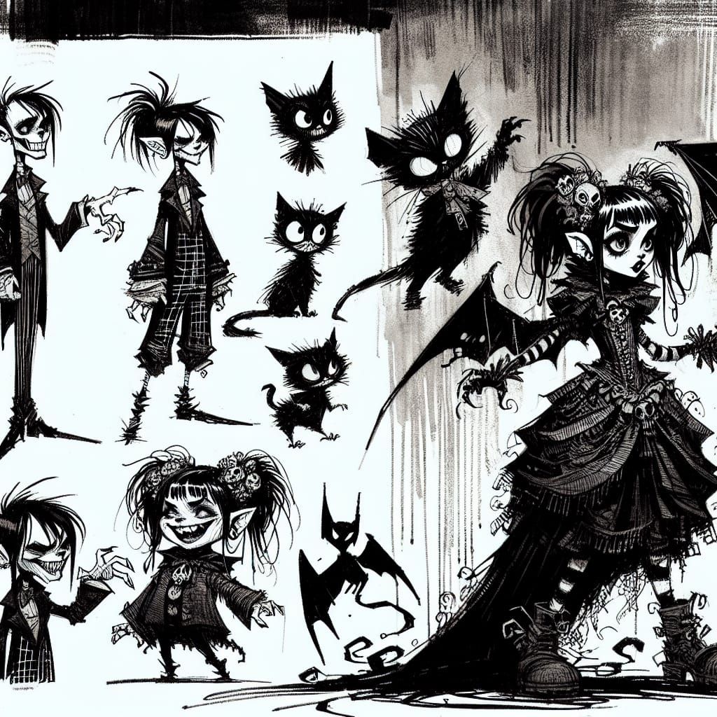 Mischievous Goth Girl Character Design in Ink Style