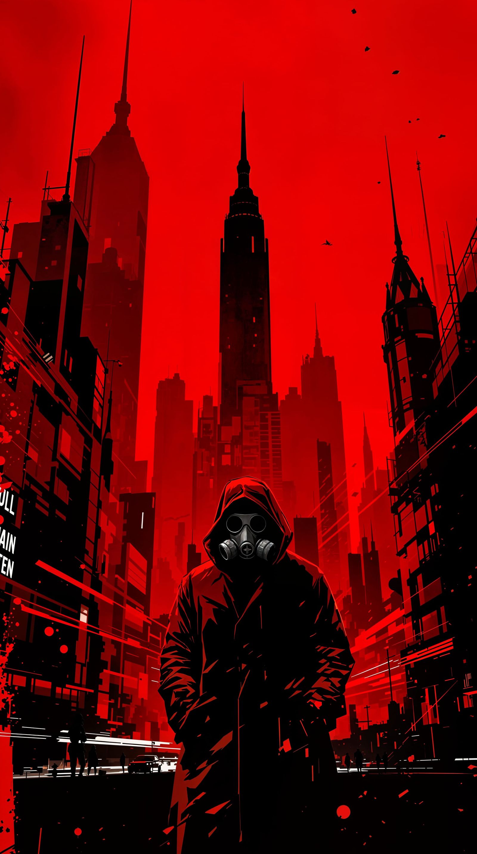 Dystopian Cityscape in Red-Hued Chaos