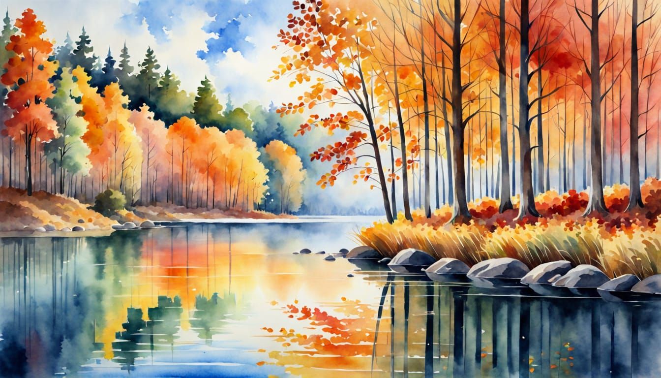 Watercolor Autumn Forest Lake Scene