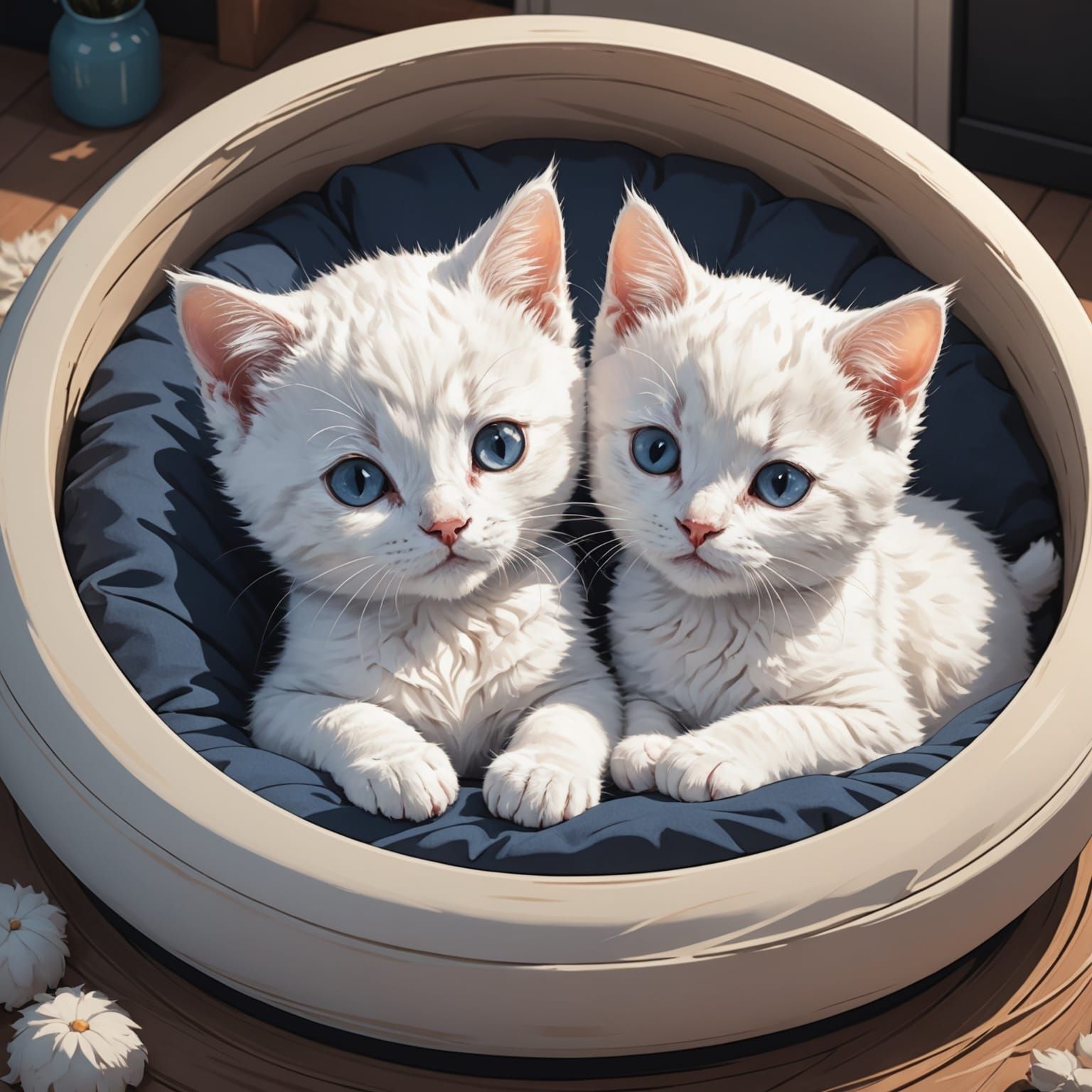 Two White Kittens in Anime-Inspired Pet Bed Scene