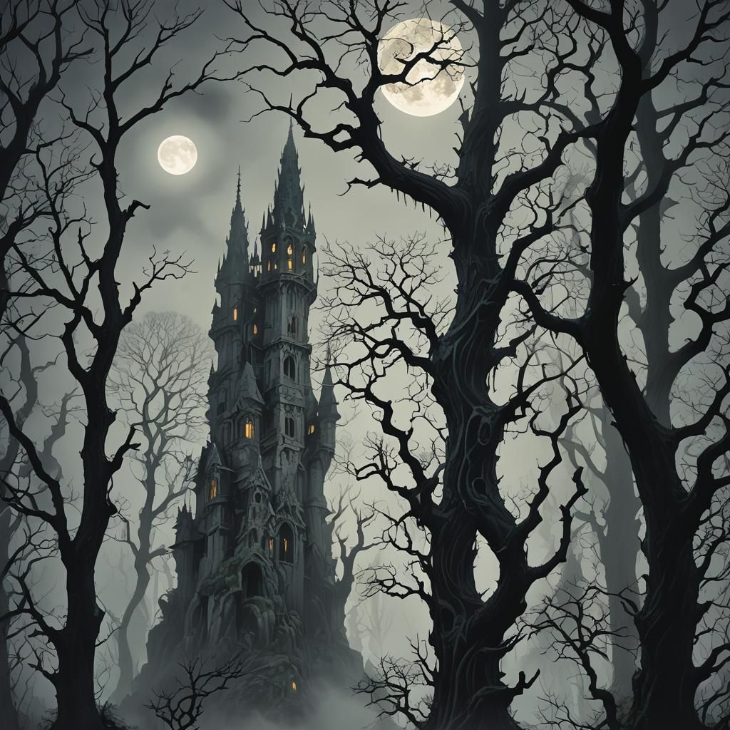 Dark Fantasy Tower in Forest with Wolves