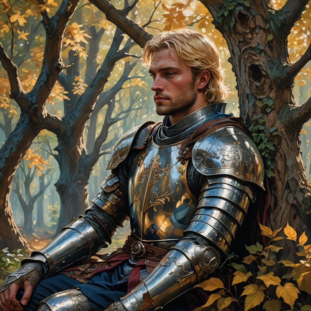 Weary Knight in Forest: A Vibrant Oil Painting