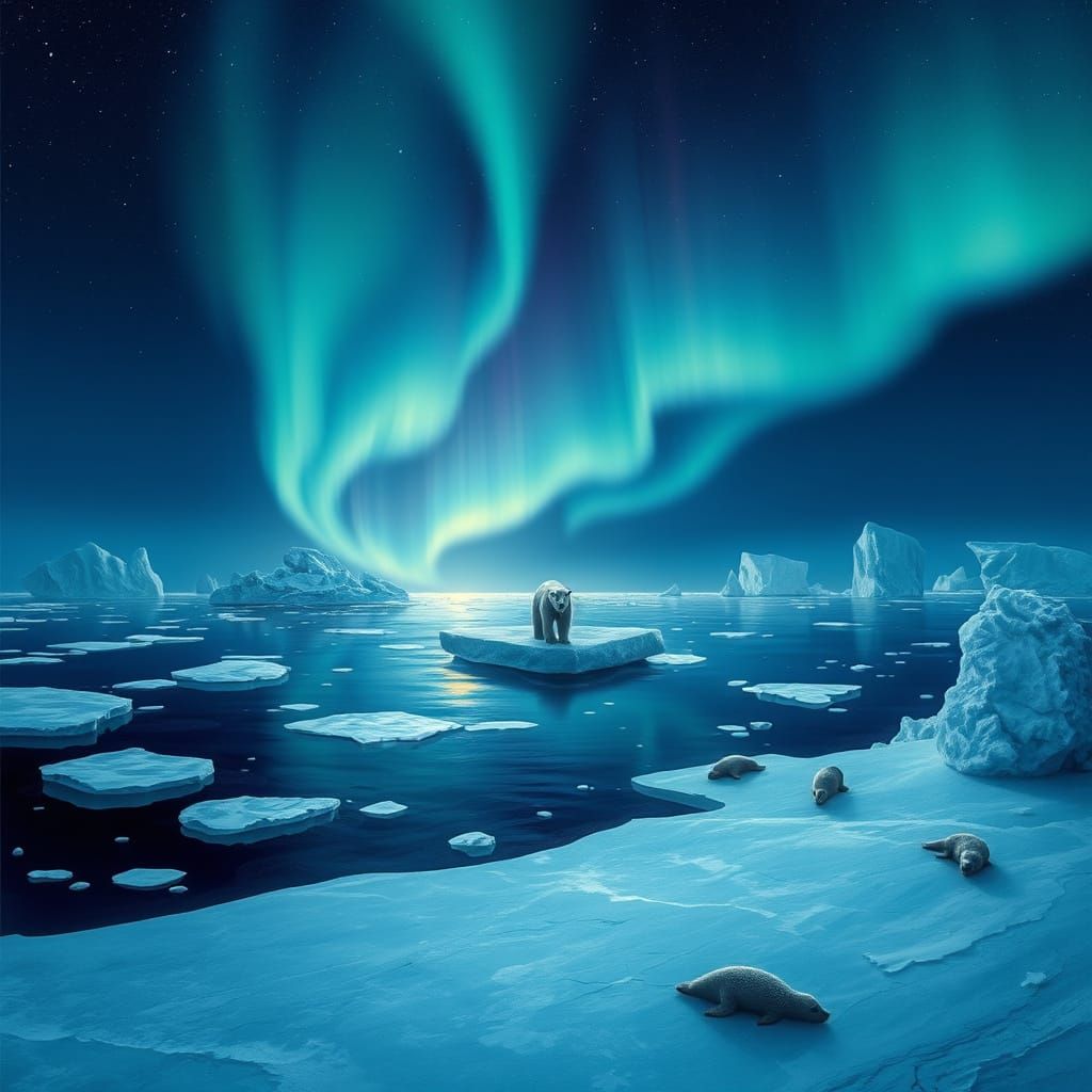 Polar Bear on Ice Under Aurora Borealis