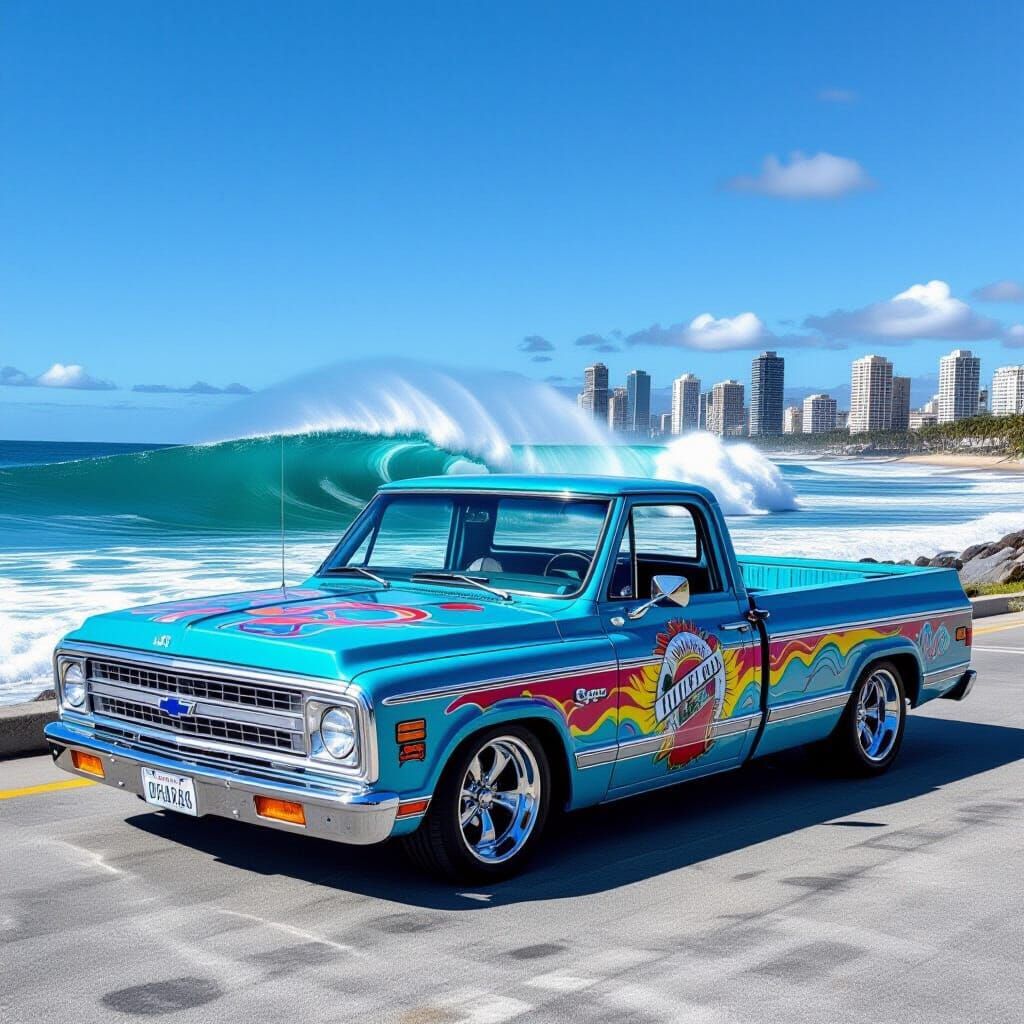 Custom 1974 Chevy Pickup Truck at the Beach