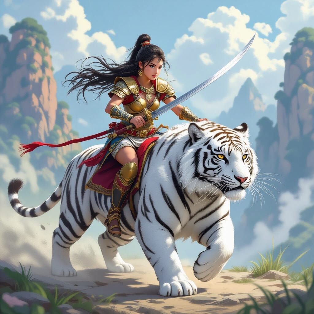 Warrior Girl Riding a White Tiger