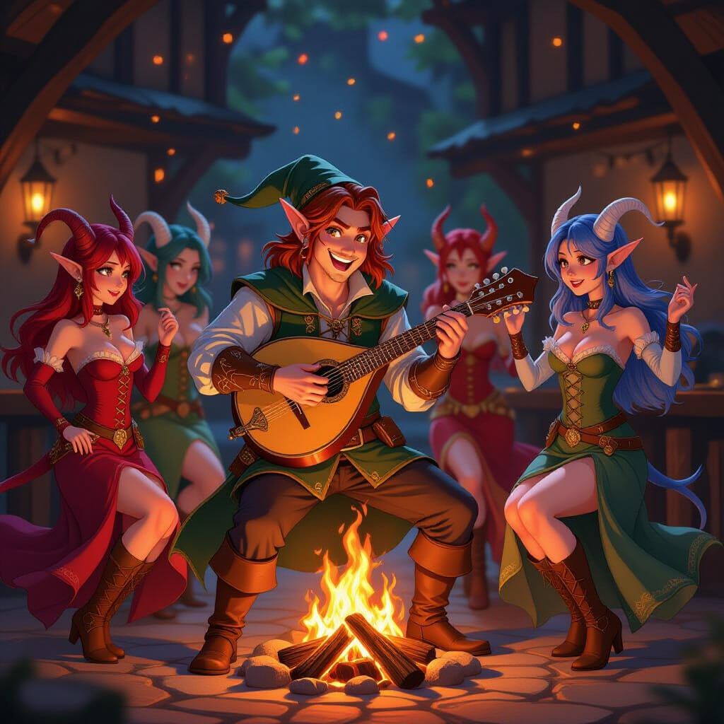 Elf Bard Plays Mandolin Amidst Dancing Tieflings and Elves
