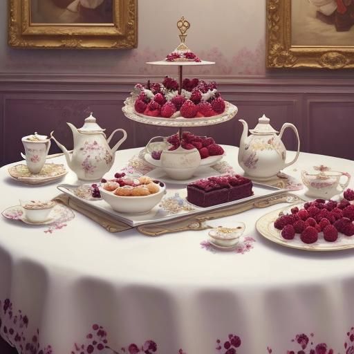 Elegant tea table with a blueberry and raspberry cake in the...