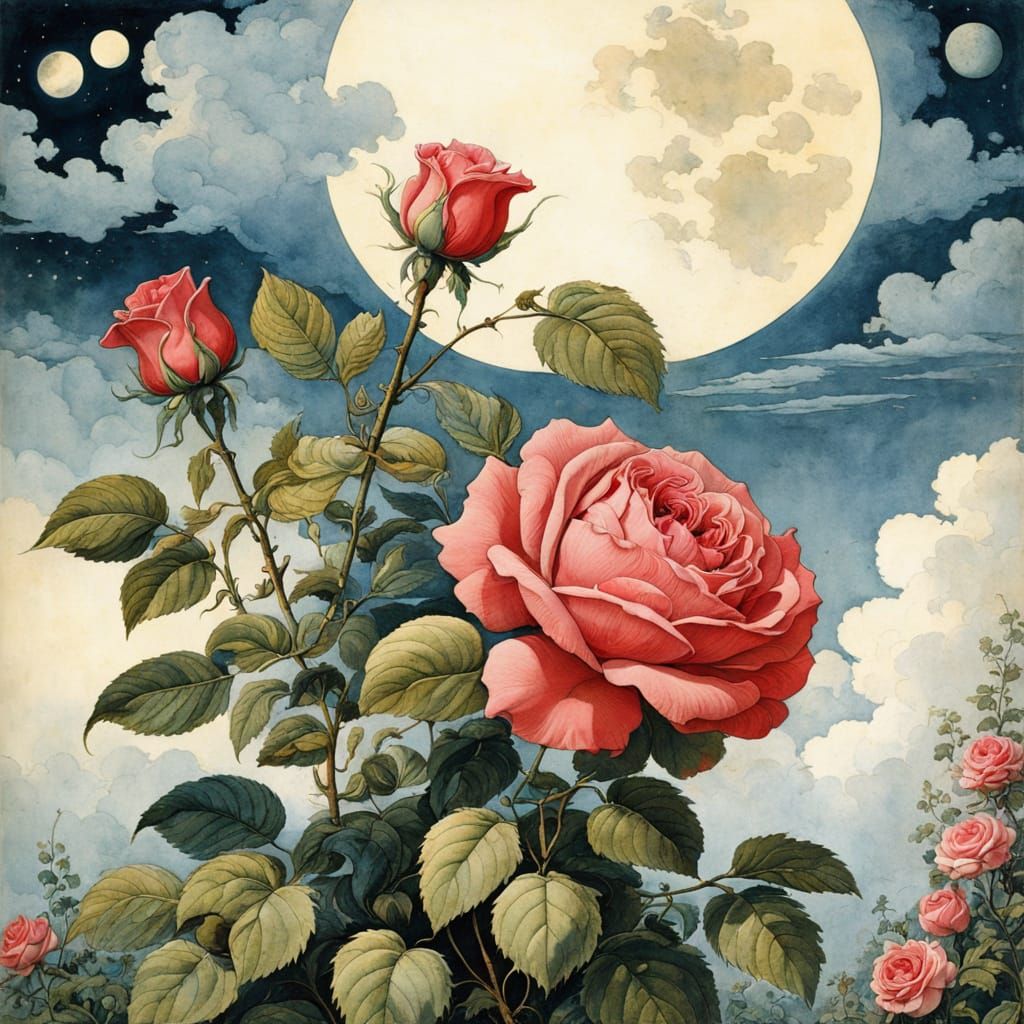 Rose and Moon in Classic Illustration Style