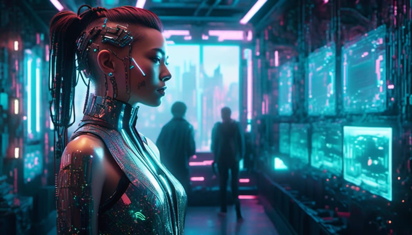 Futuristic Cyborg in Cyberpunk Cityscape
