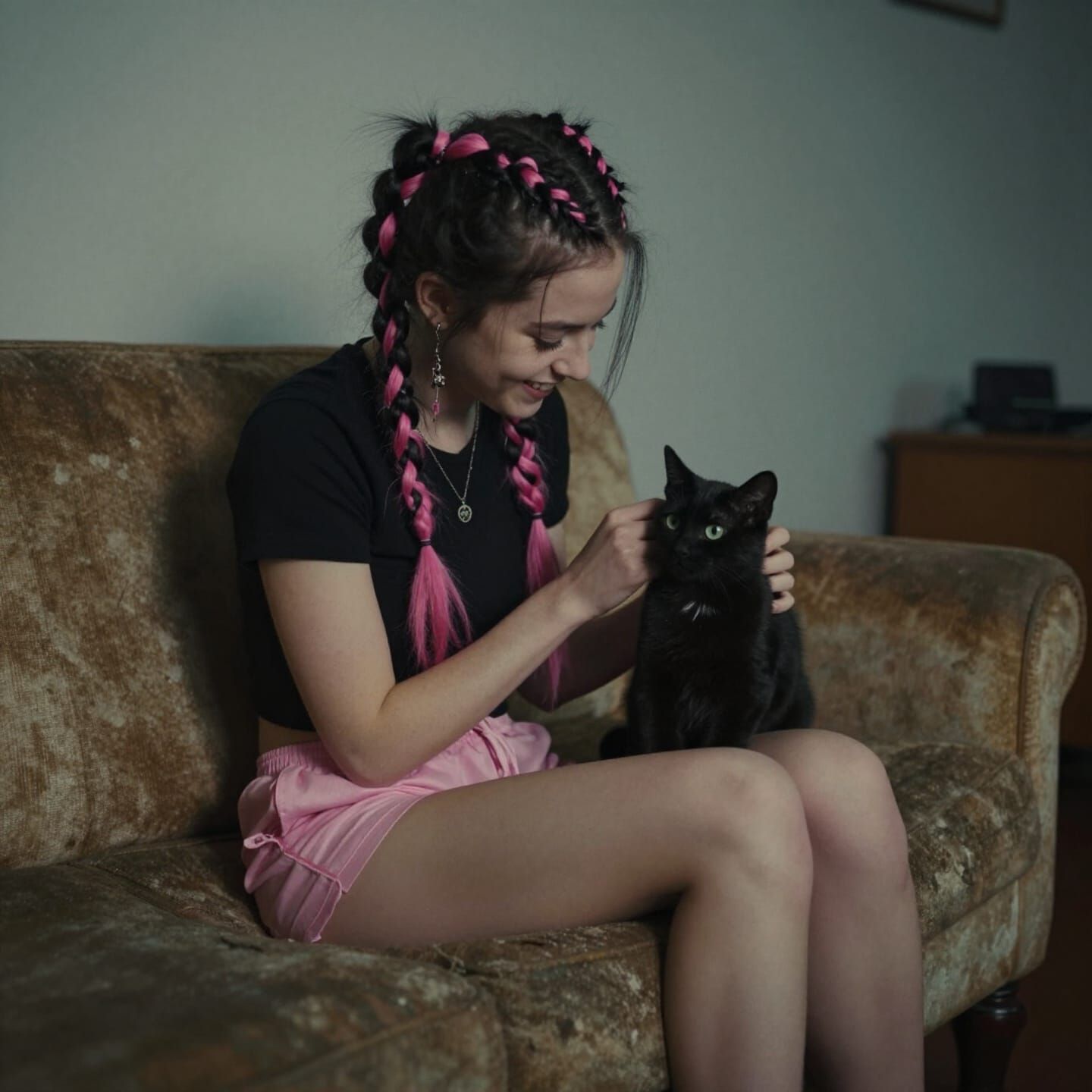 Punk Girl with Kitten on Couch, Cinematic Style