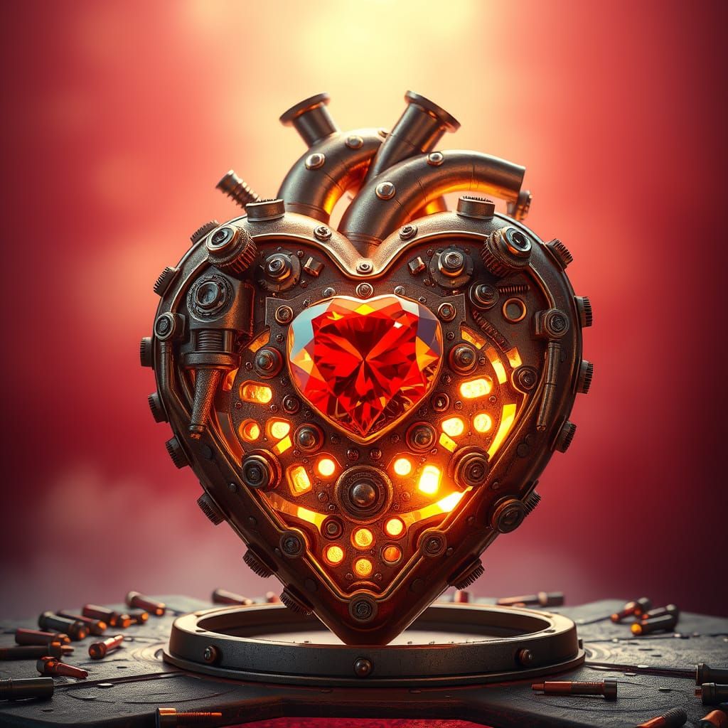 Steampunk Heart Sculpture Radiates Warm Golden Light