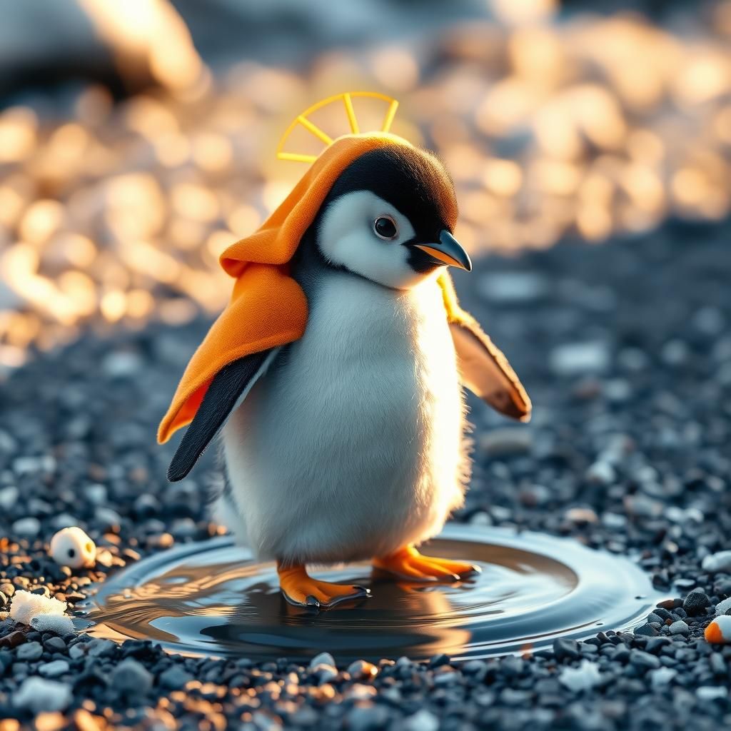 Cute Penguin with Golden Halo on Snowy Beach