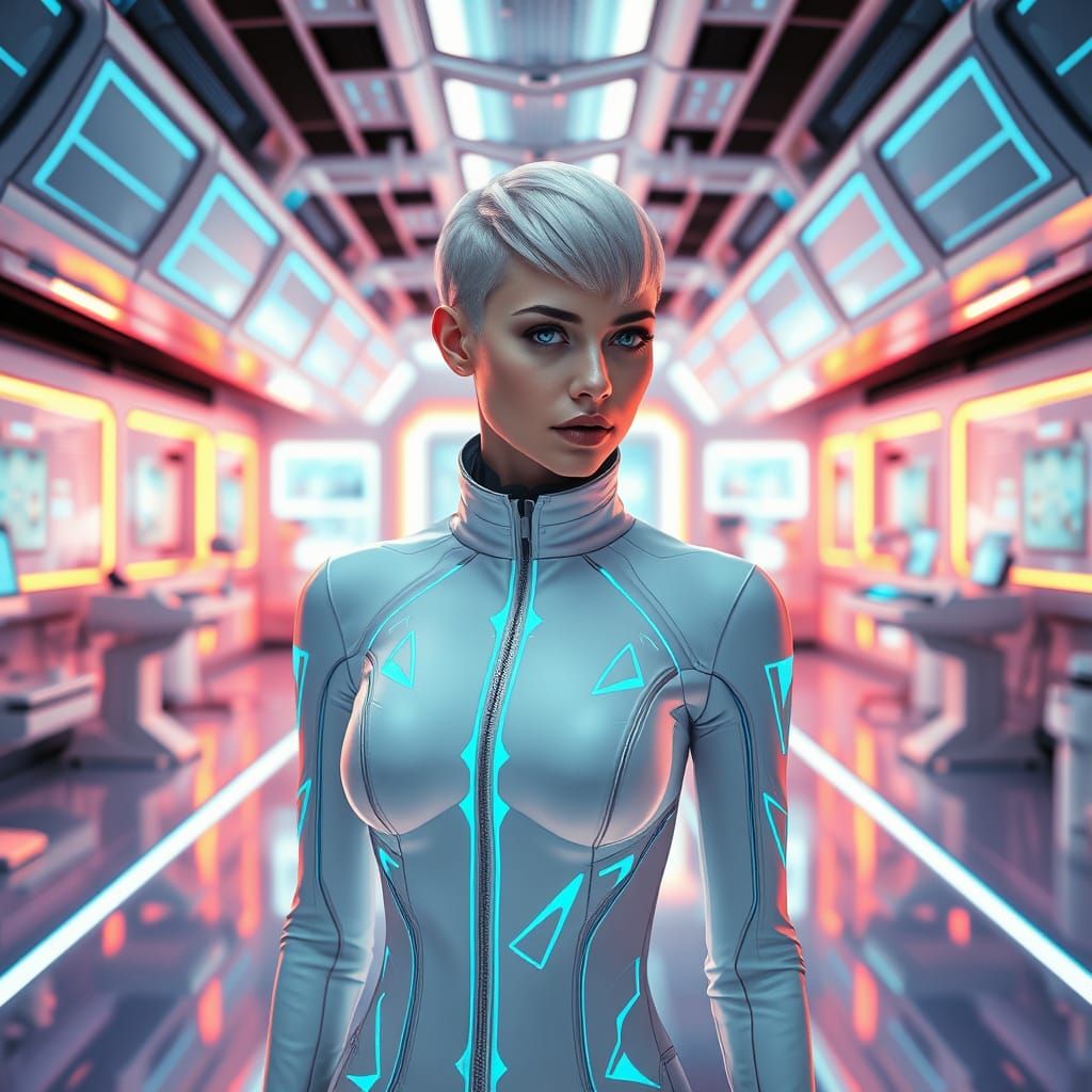 Futuristic Woman in Neon Geometric Patterns