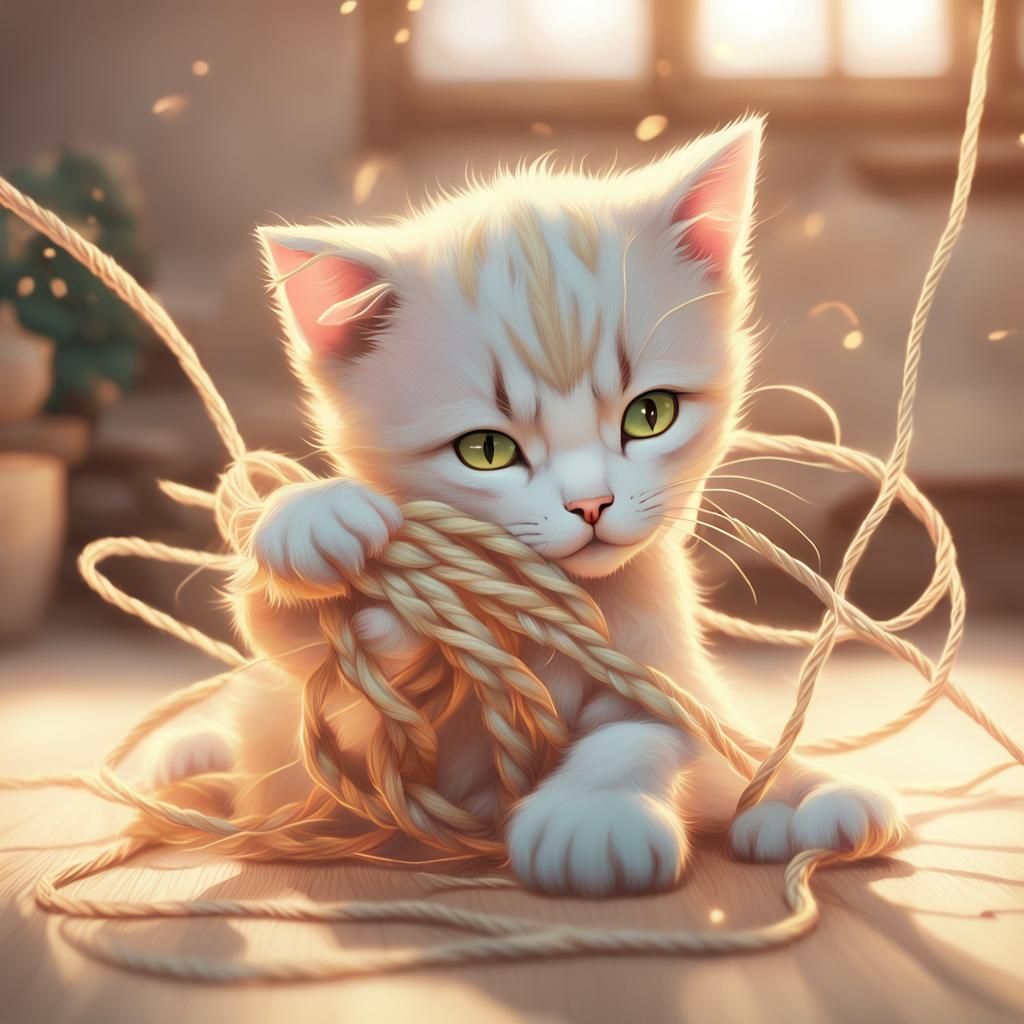 Kitten's Whimsical String Adventure: 3D Anime Art