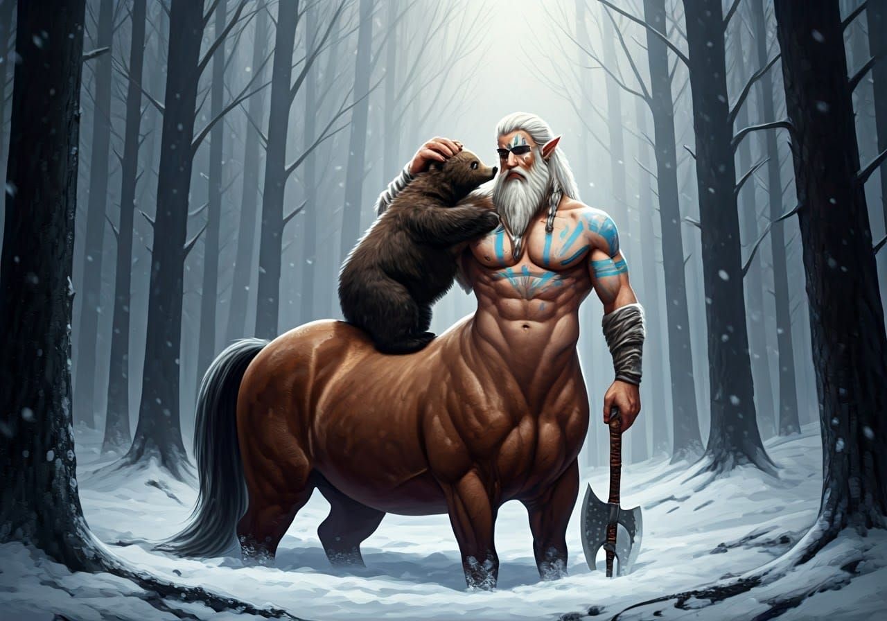 Centaur Warrior Petting Bear Cub in Winter Forest