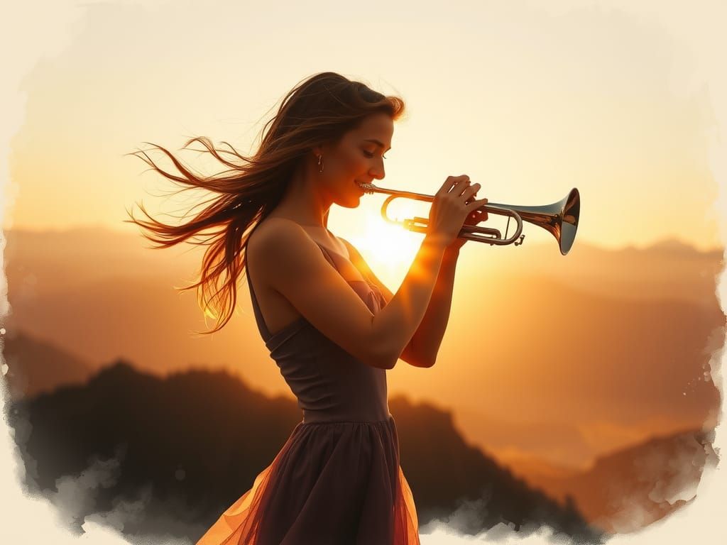 Golden Hour Trumpet Player Silhouette in Digital Painting St...