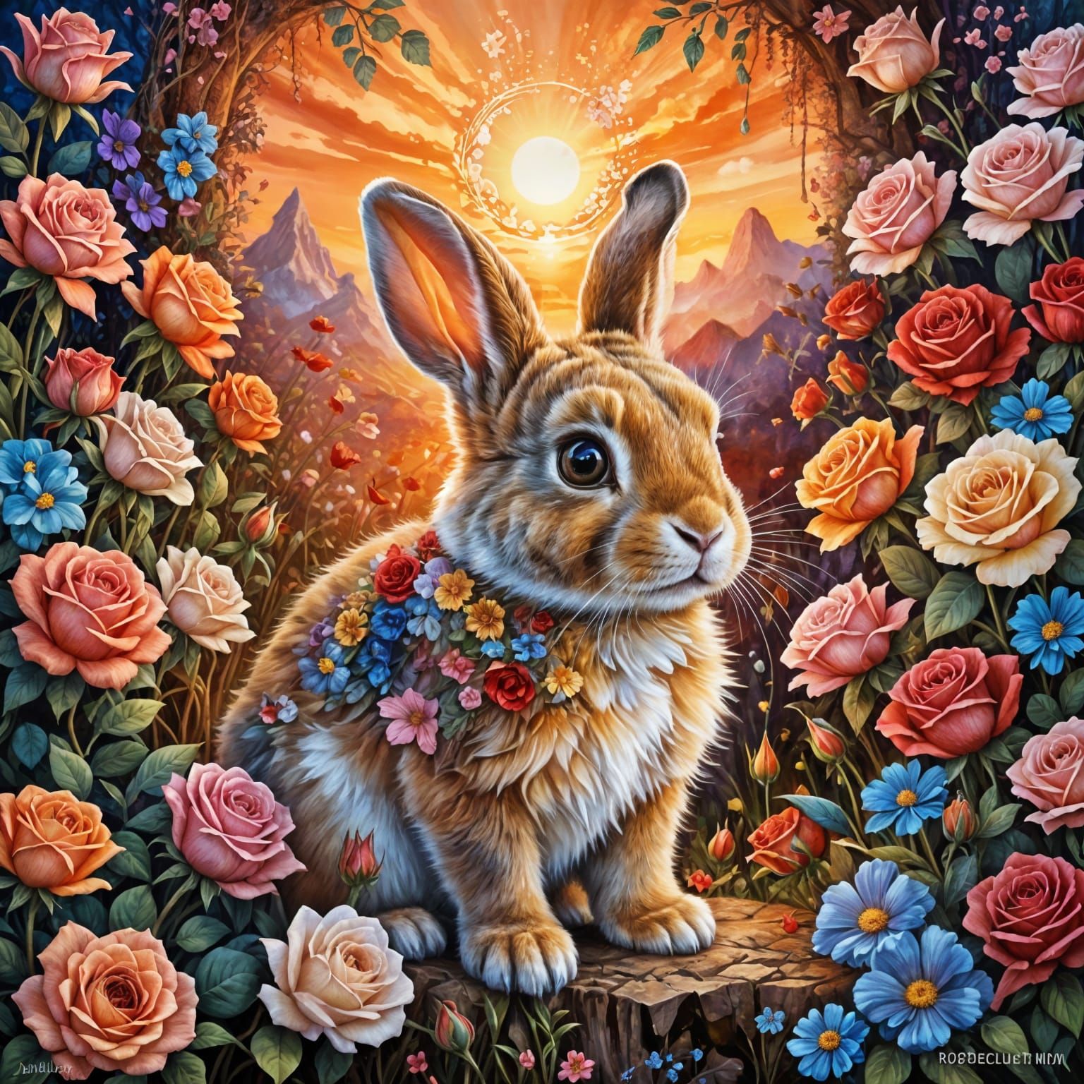 Adorable Baby Rabbit in Roses at Sunset