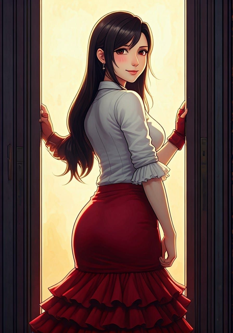Tifa Lockhart in Flamenco Skirt, Watercolor Art Nouveau Styl...