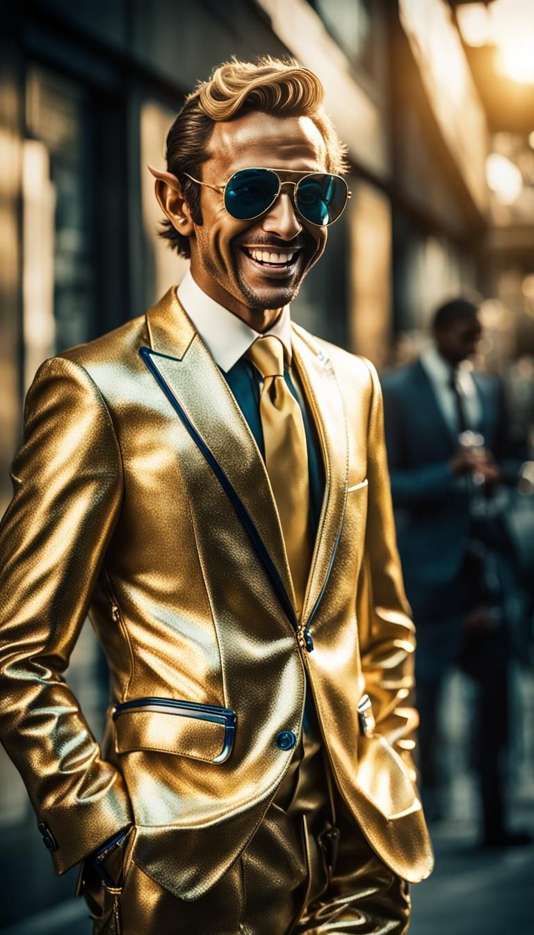 Joyful Blue Elf in Golden Suit: Cinematic Portrait