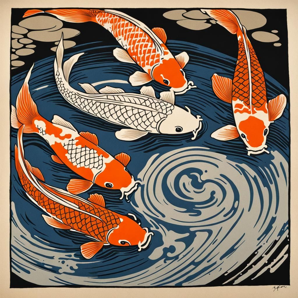 Koi Fish Pond in Japanese Woodcut Style