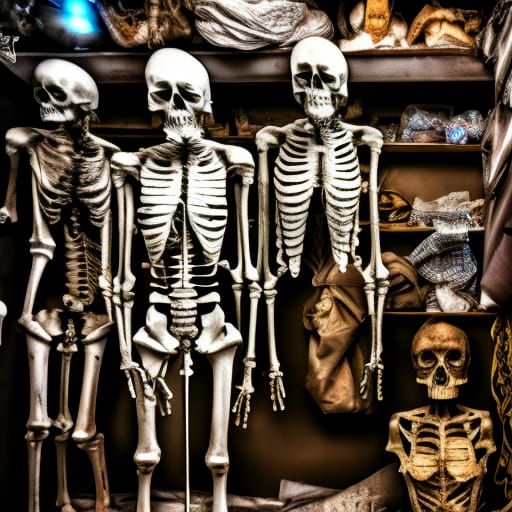 Hyperrealistic Skeletons Crowd a Dark Closet