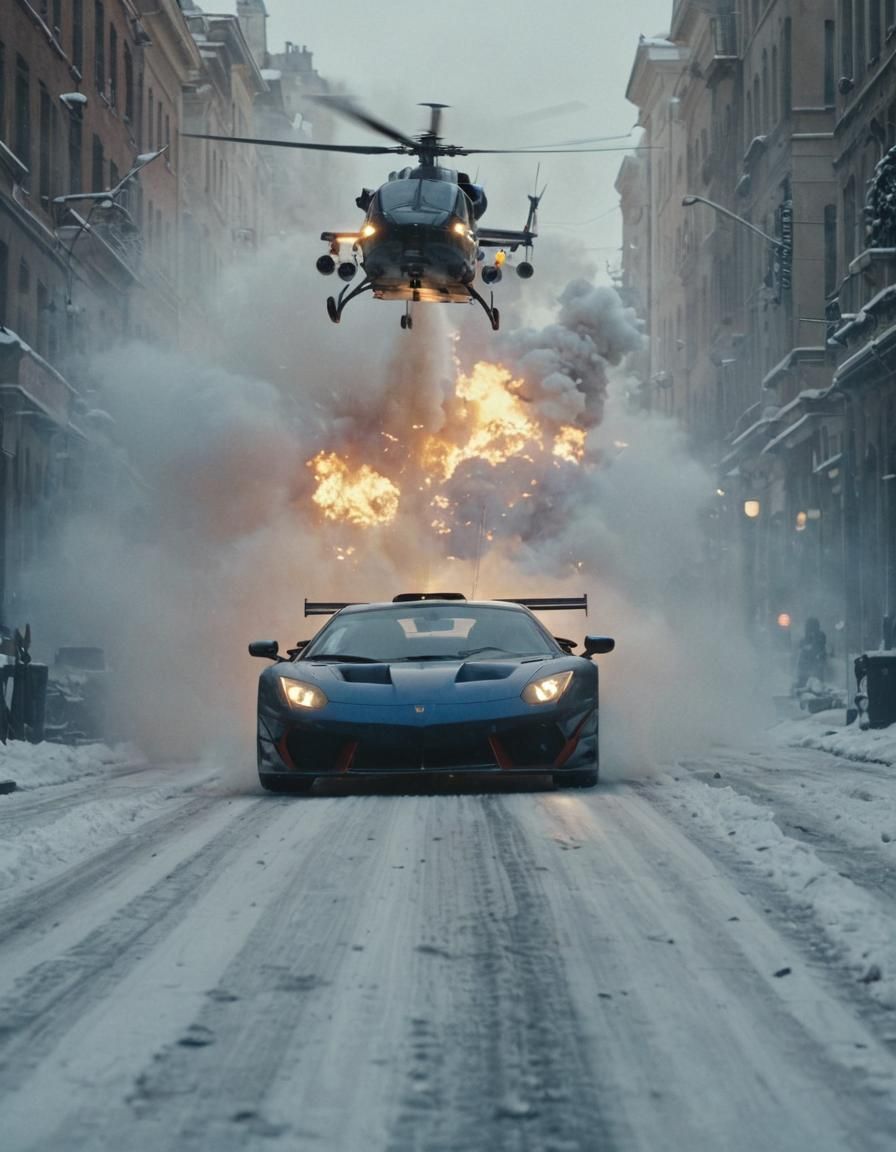 Action Movie Still: Supercar Chase in Snowy City