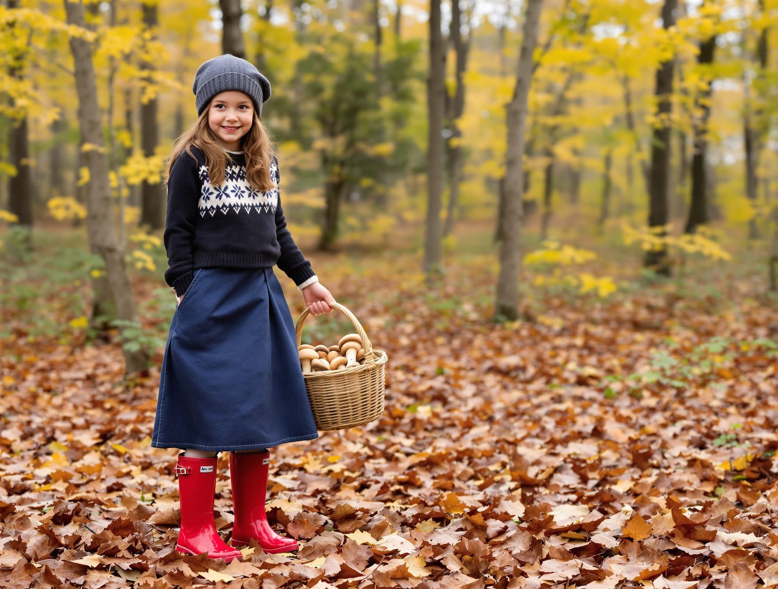Girl in Red Boots in Autumn Forest with Mushrooms