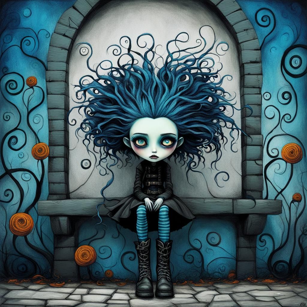 Gothic-Punk Girl with Blue Hair, Fairytale Scene