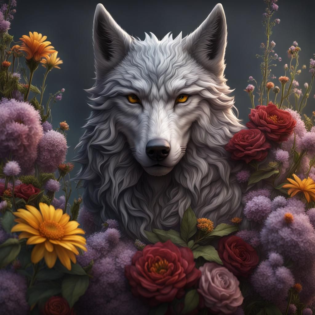 Grey Wolf in a Floral Meadow: Fantasy Concept Art