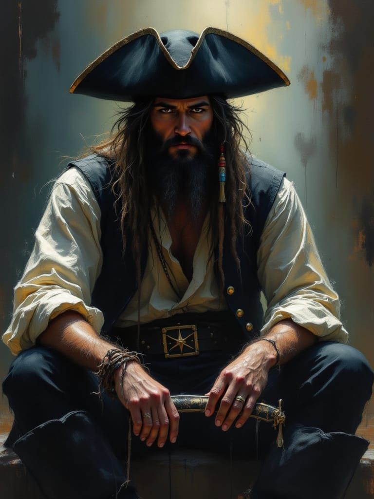 Pirate Portrait of Blackbeard with Cutlass
