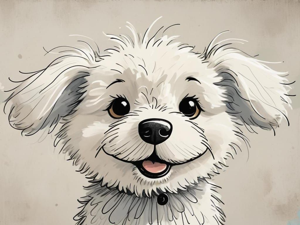 Fluffy Stick Dog: Adorable Black and White Drawing