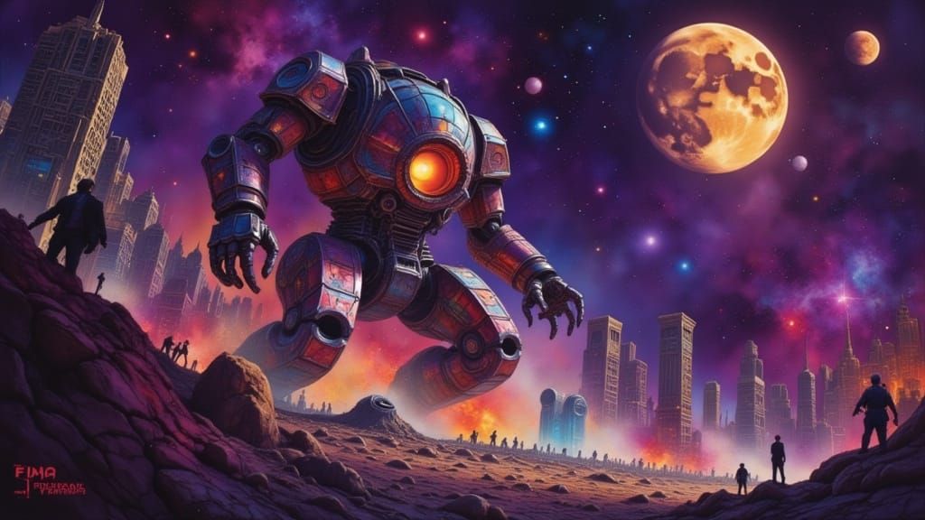 Giant Mecha Crashes into Futuristic City in Gritty Noir Styl...