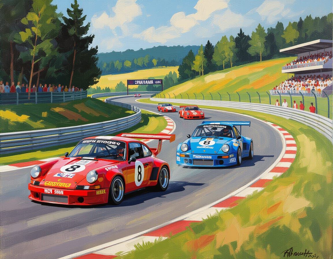 Porsche Race Cars Speeding at Spa in Neo-Impressionist Style